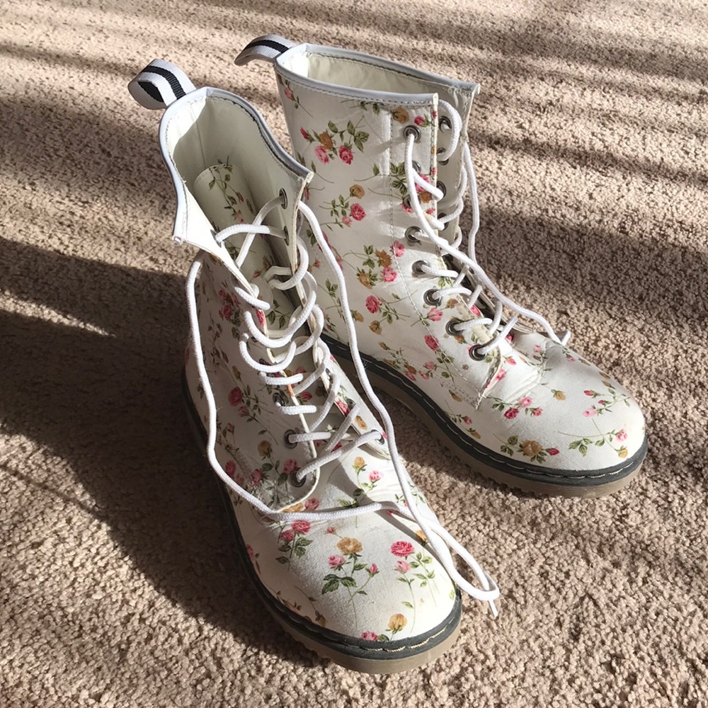Pink & white floral combat boots